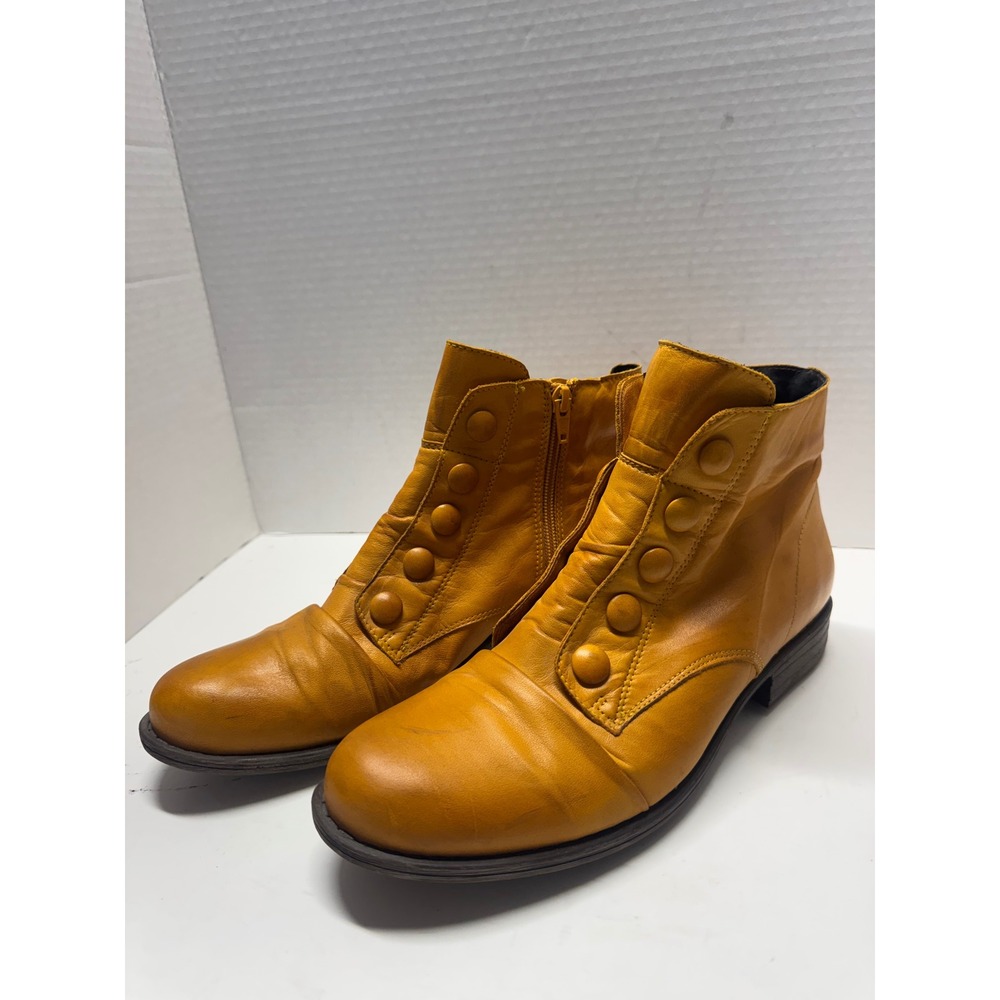 Miz Mooz Louise Mustard Yellow Leather Button Ankle Boots Size 10